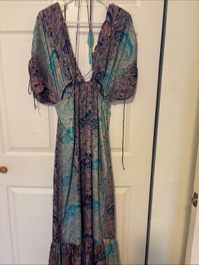 Boho Paisley Deep V Maxi Dress in Teal and Navy